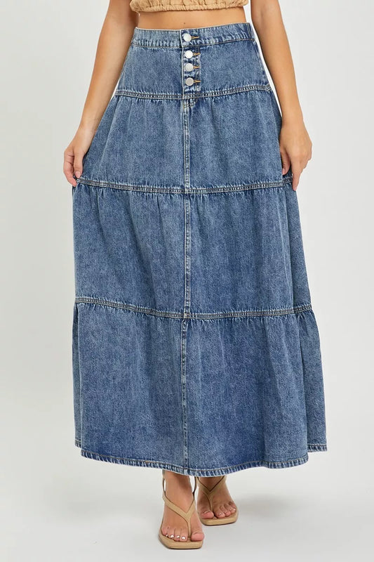 Denim nederdel lang lagdelt nederdel