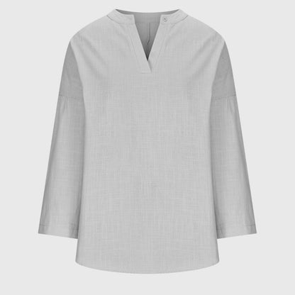 Sommertop dame løs v-hals bluse langærmet