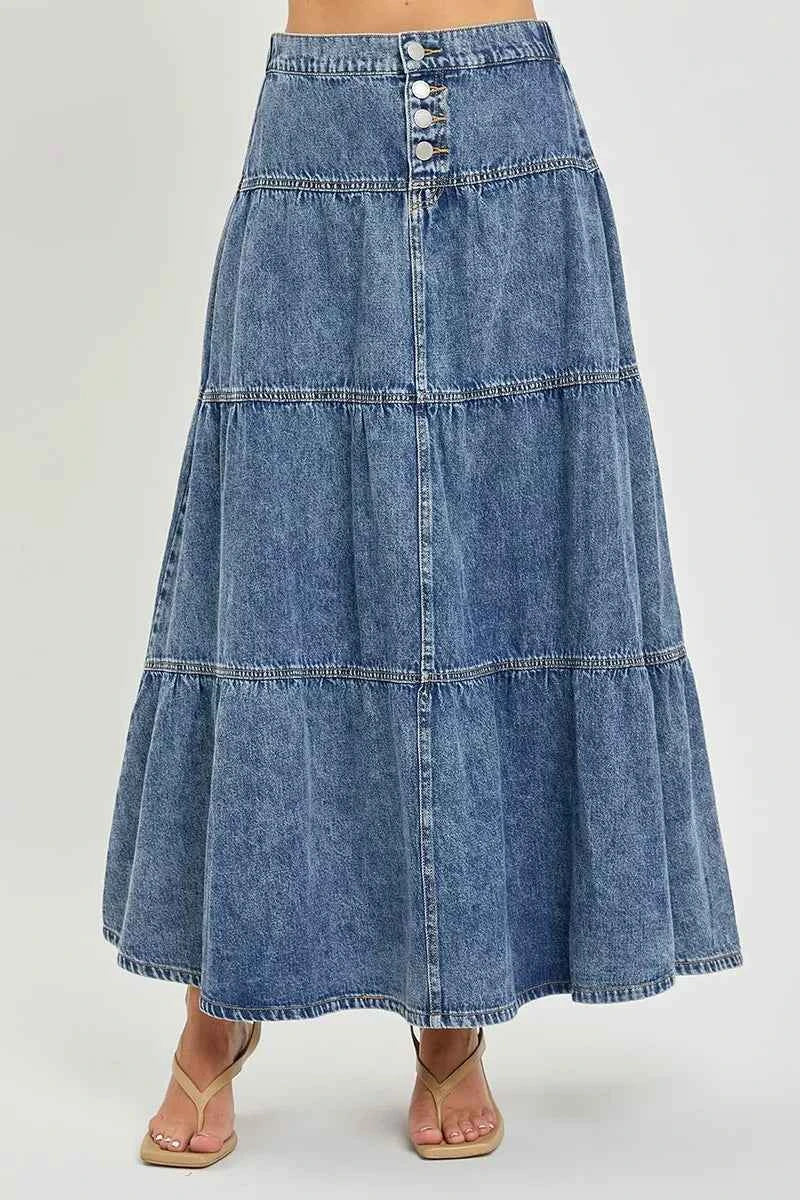 Denim nederdel lang lagdelt nederdel
