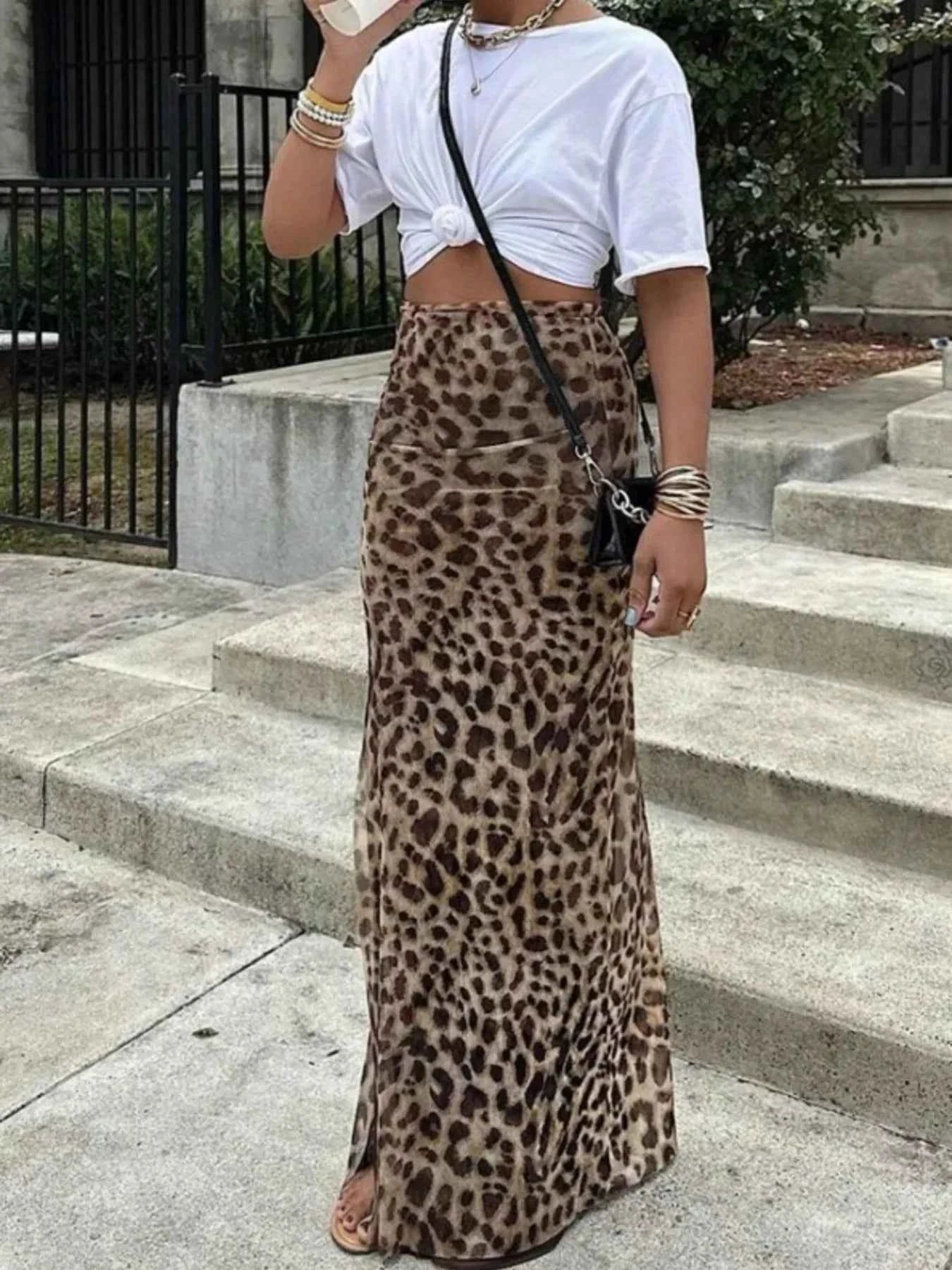 Dame nederdel lang mønstret leopardprint maxi nederdel