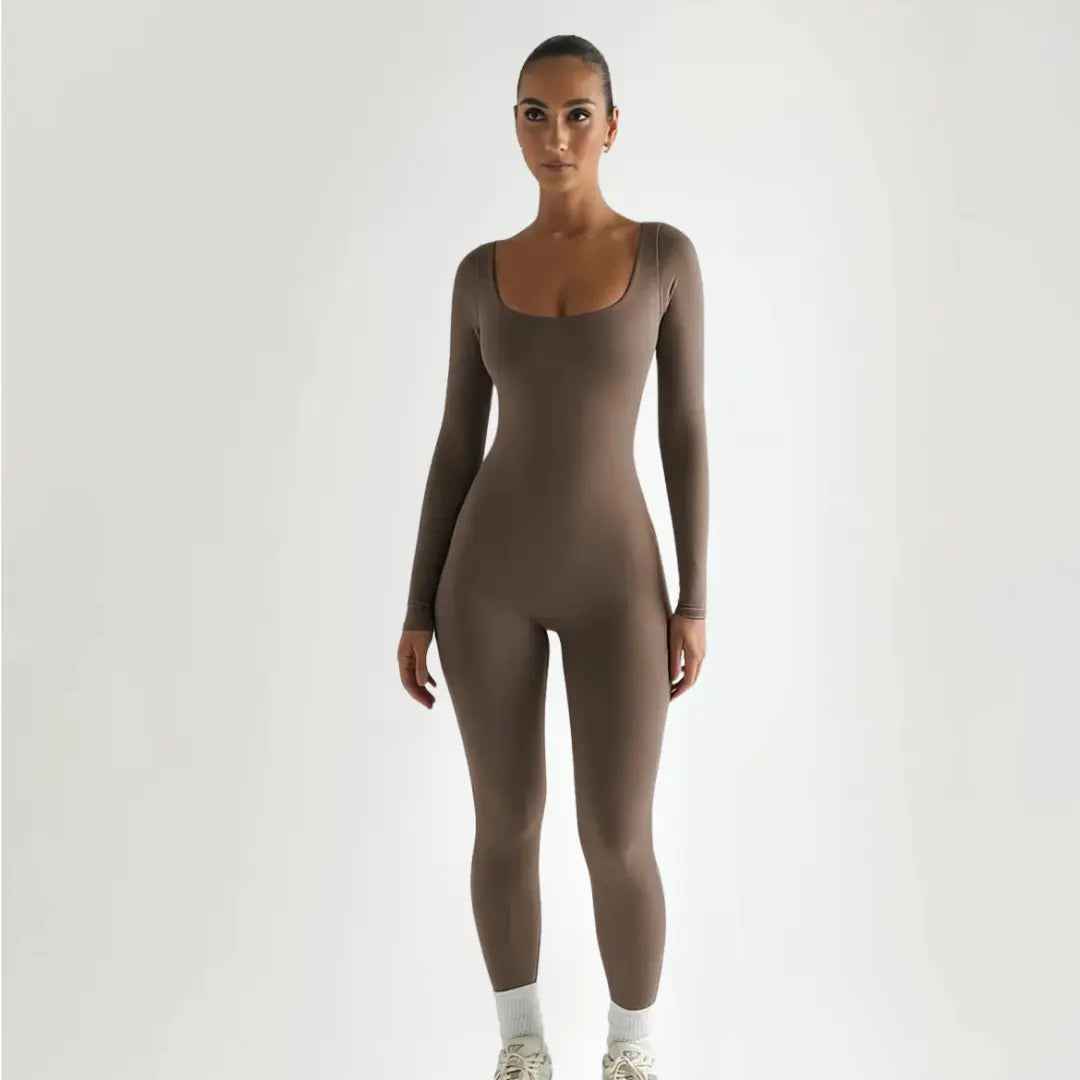 Bodysuit dame langærmet ribbet jumpsuit