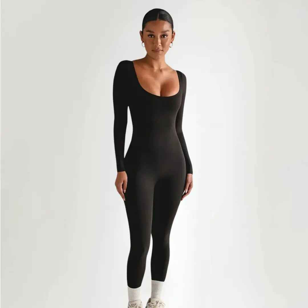 Bodysuit dame langærmet ribbet jumpsuit