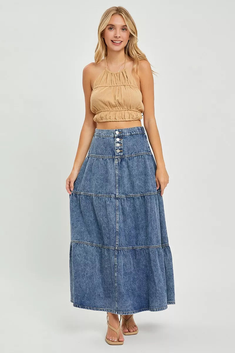 Denim nederdel lang lagdelt nederdel