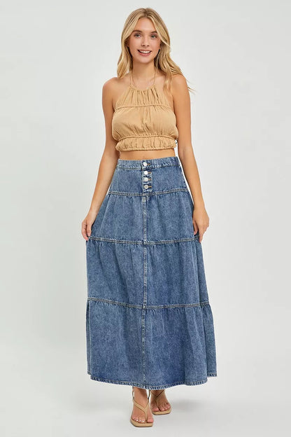 Denim nederdel lang lagdelt nederdel