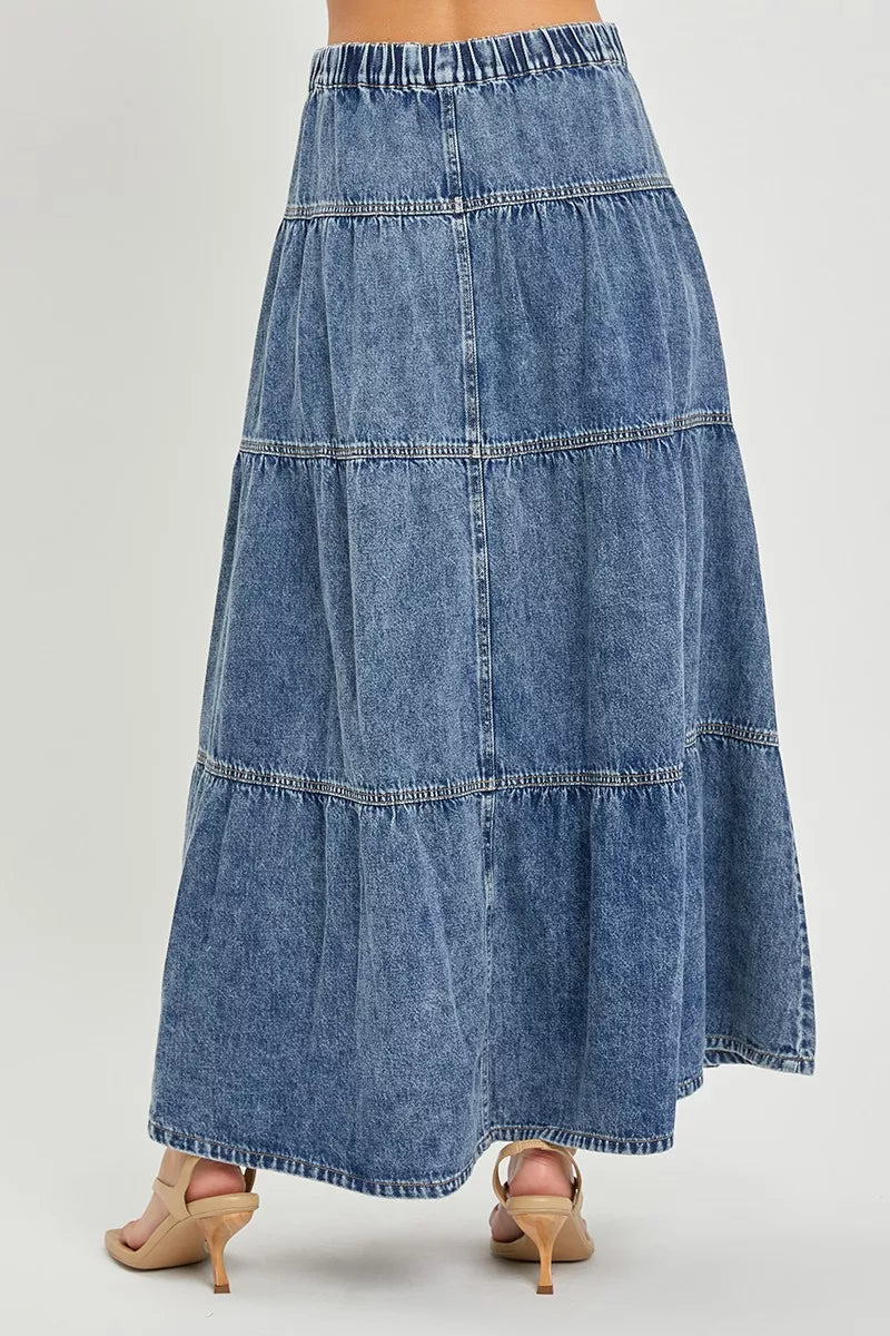 Denim nederdel lang lagdelt nederdel