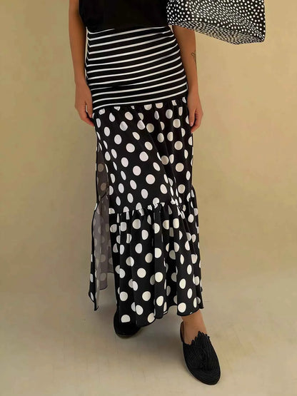 Nederdel Lang Slids Polka Dot Stribet Flæse Maxiskørt