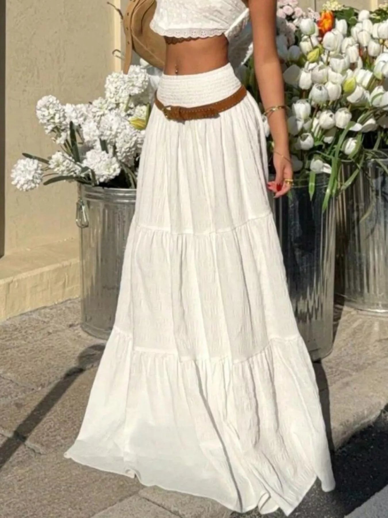 Dame nederdel flæse smocked maxi nederdel
