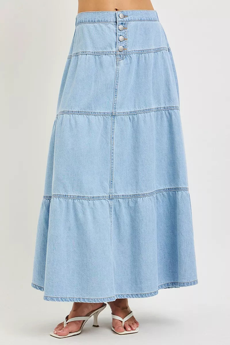 Dame nederdel denim lang fritidsnederdel