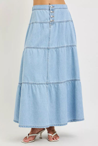 Dame nederdel denim lang fritidsnederdel