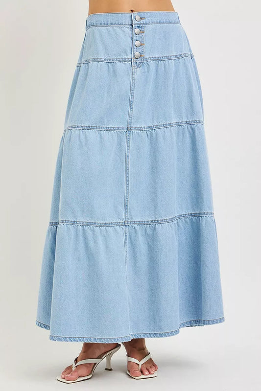 Dame nederdel denim lang fritidsnederdel