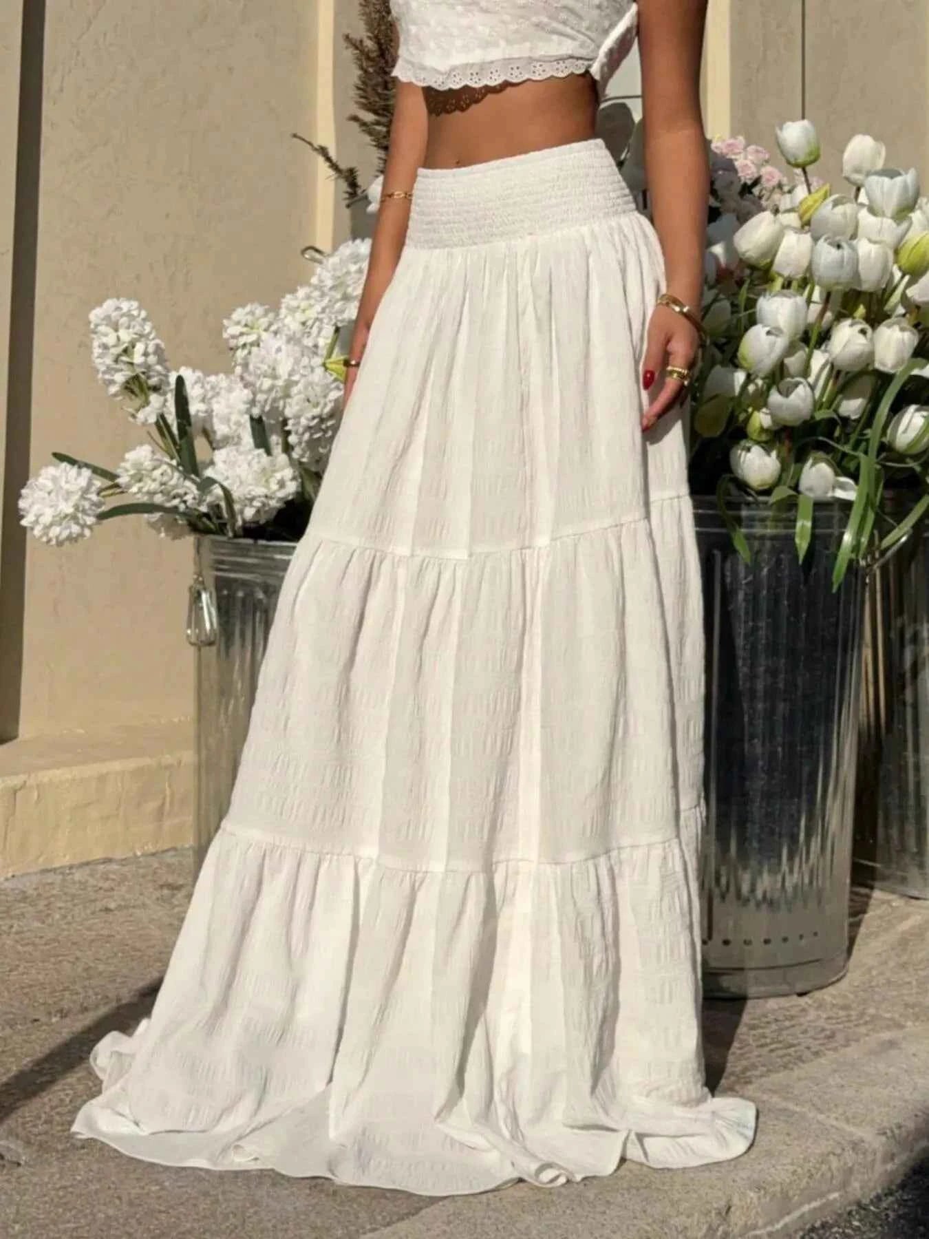 Dame nederdel flæse smocked maxi nederdel