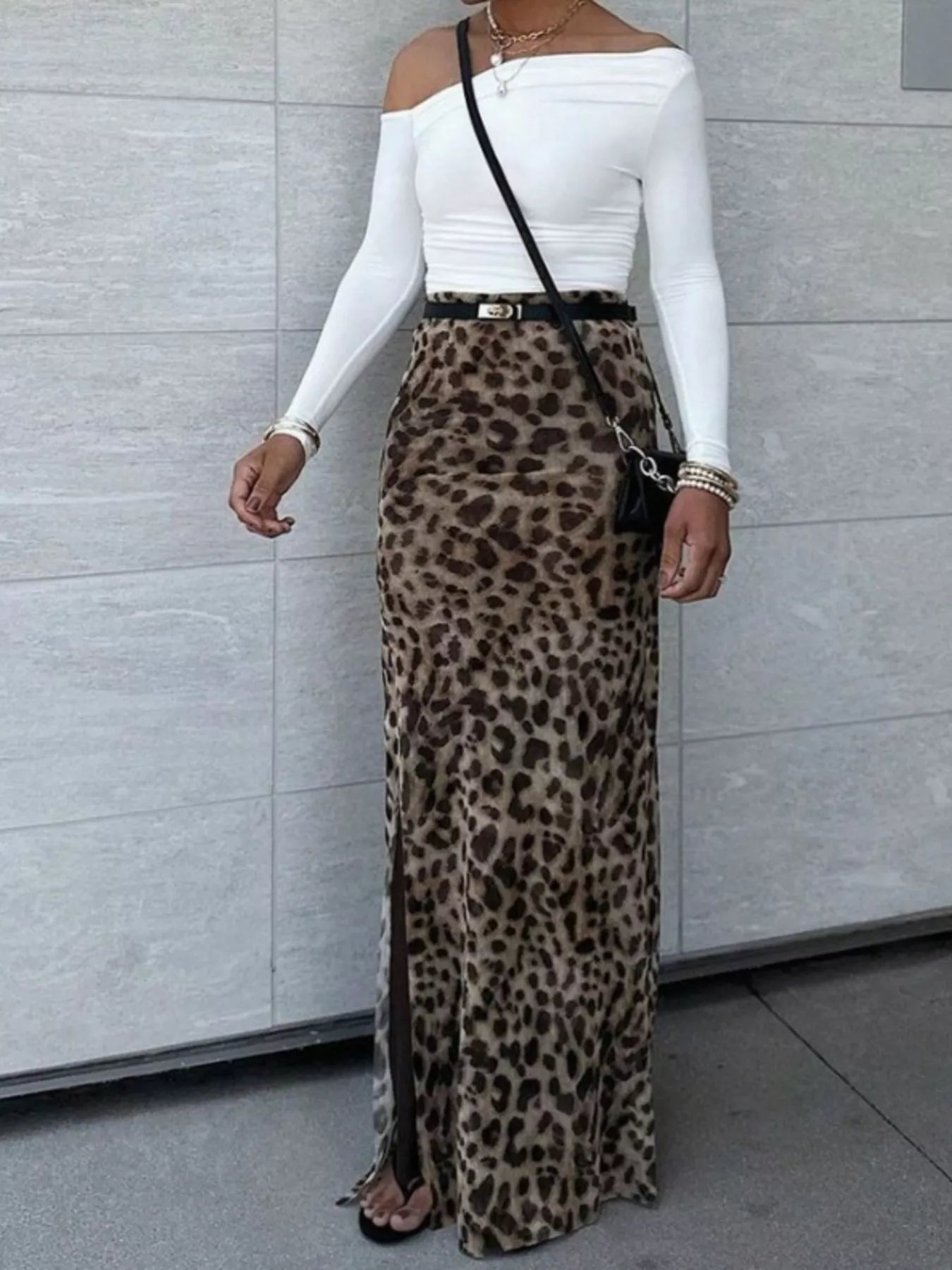 Dame nederdel lang mønstret leopardprint maxi nederdel