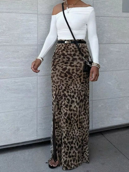 Dame nederdel lang mønstret leopardprint maxi nederdel