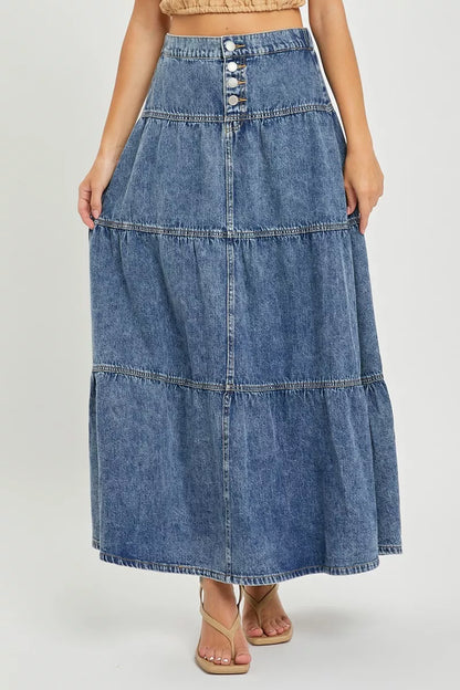 Denim nederdel lang lagdelt nederdel
