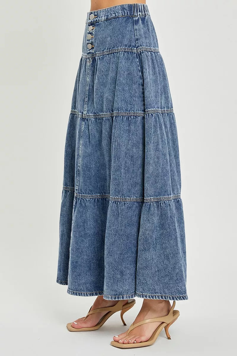 Denim nederdel lang lagdelt nederdel