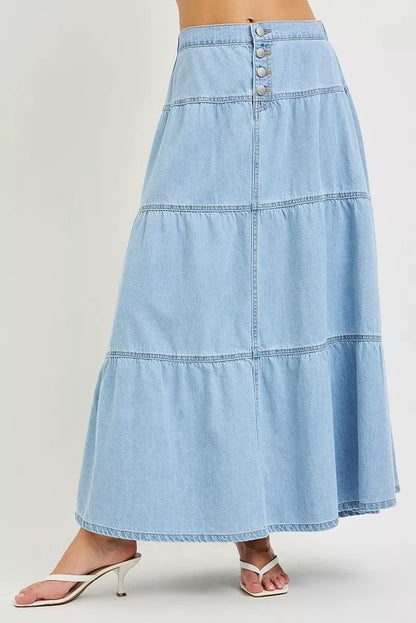 Dame nederdel denim lang fritidsnederdel