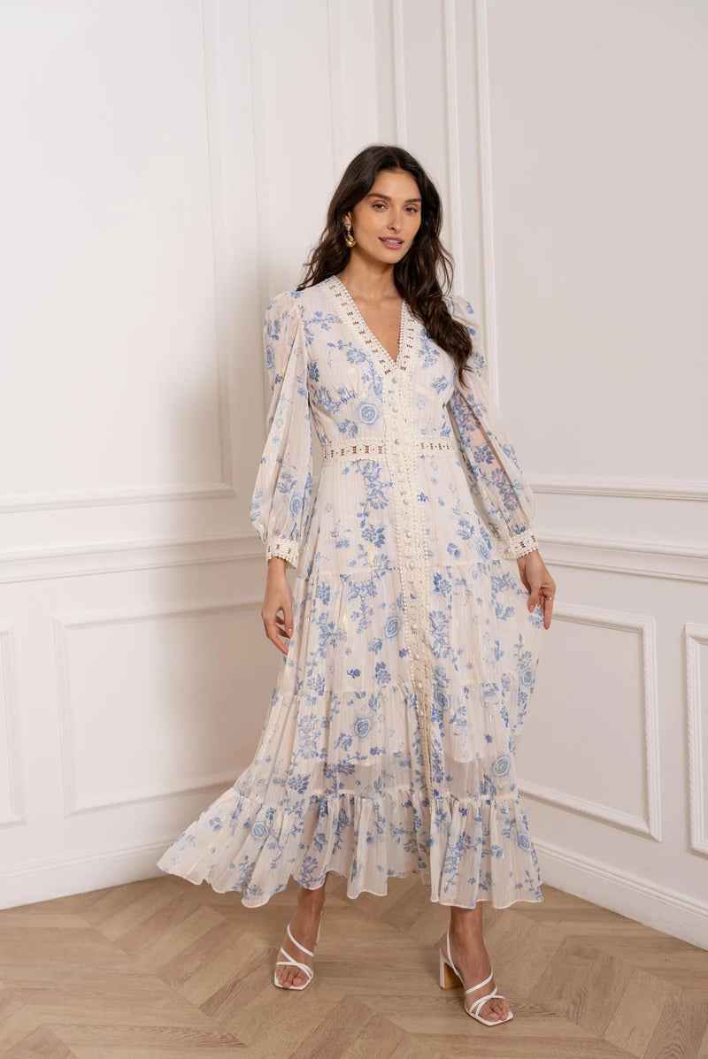 Sommerkjole Dame elegant blomstret maxikjole med flæser