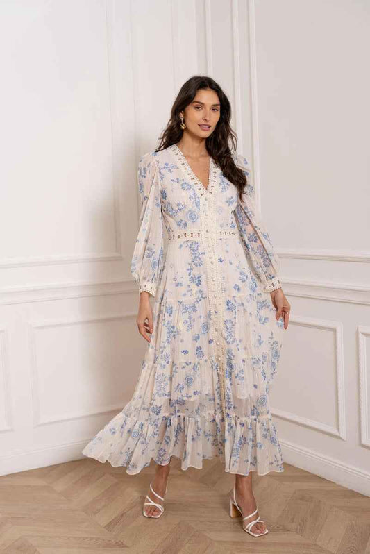 Sommerkjole Dame elegant blomstret maxikjole med flæser