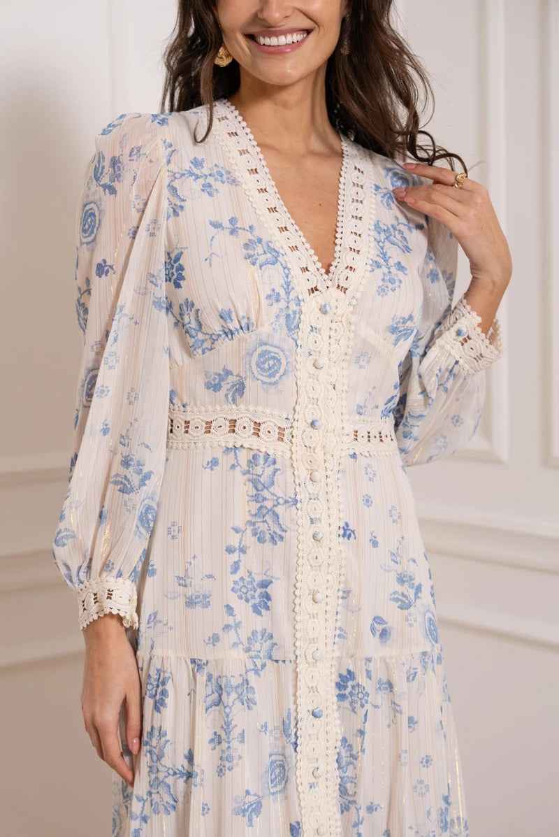 Sommerkjole Dame elegant blomstret maxikjole med flæser