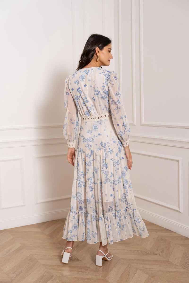 Sommerkjole Dame elegant blomstret maxikjole med flæser