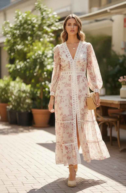 Sommerkjole Dame elegant blomstret maxikjole med flæser
