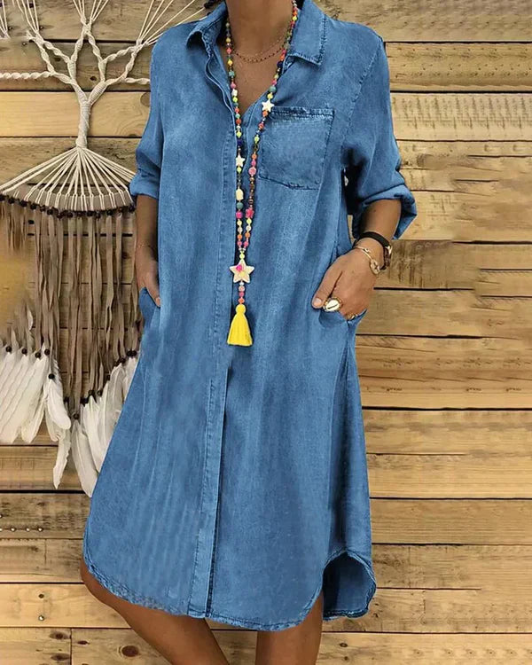 Denim skjortekjole afslappet stil hverdagskjole