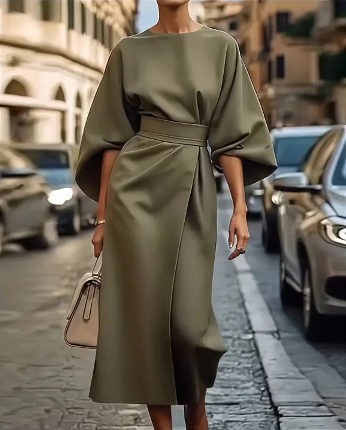 Kjole Dame elegant langærmet midikjole fest
