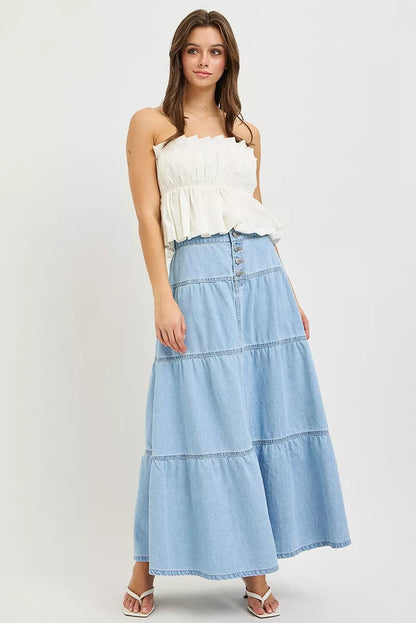 Dame nederdel denim lang fritidsnederdel