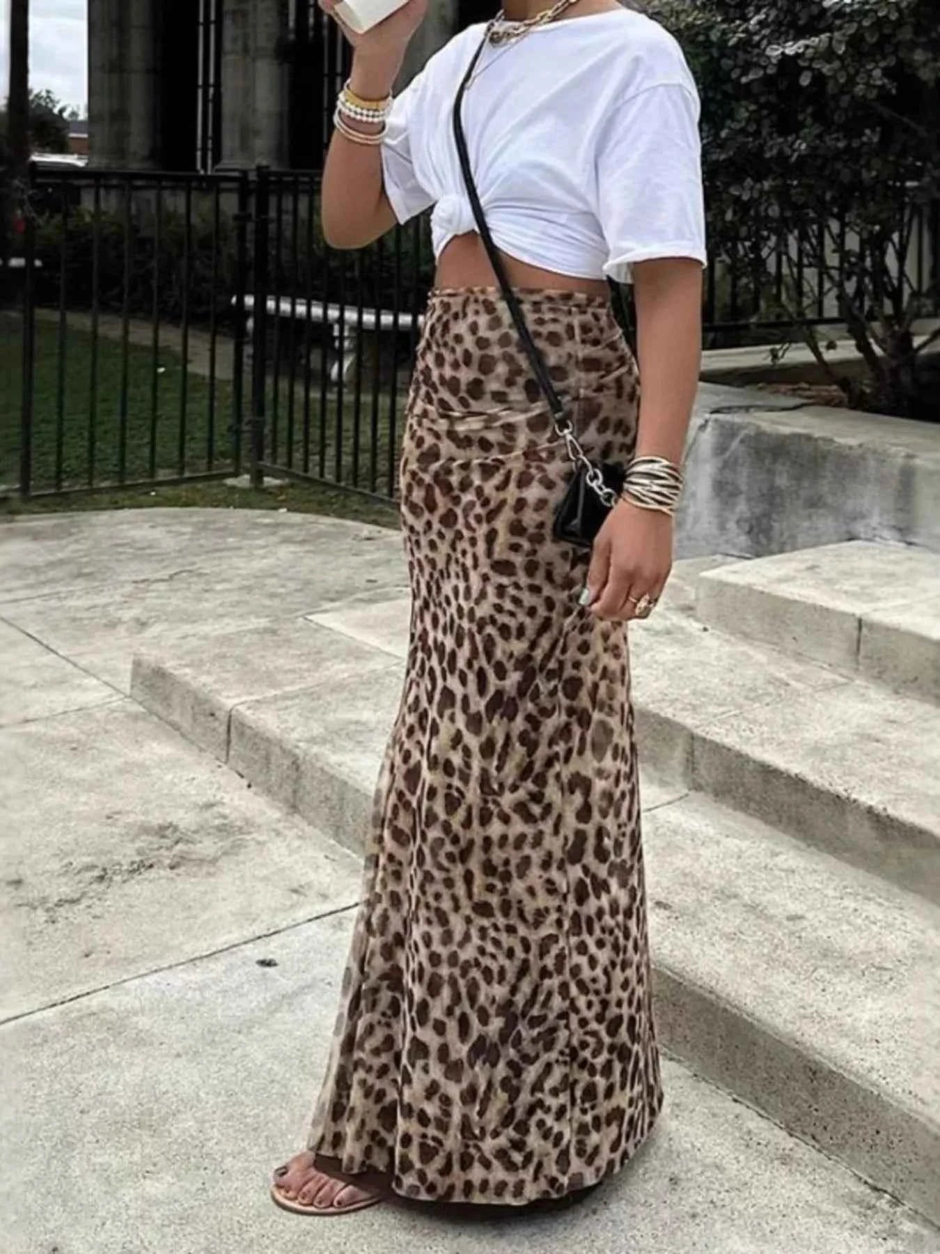 Dame nederdel lang mønstret leopardprint maxi nederdel