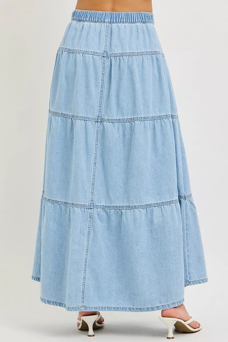 Dame nederdel denim lang fritidsnederdel