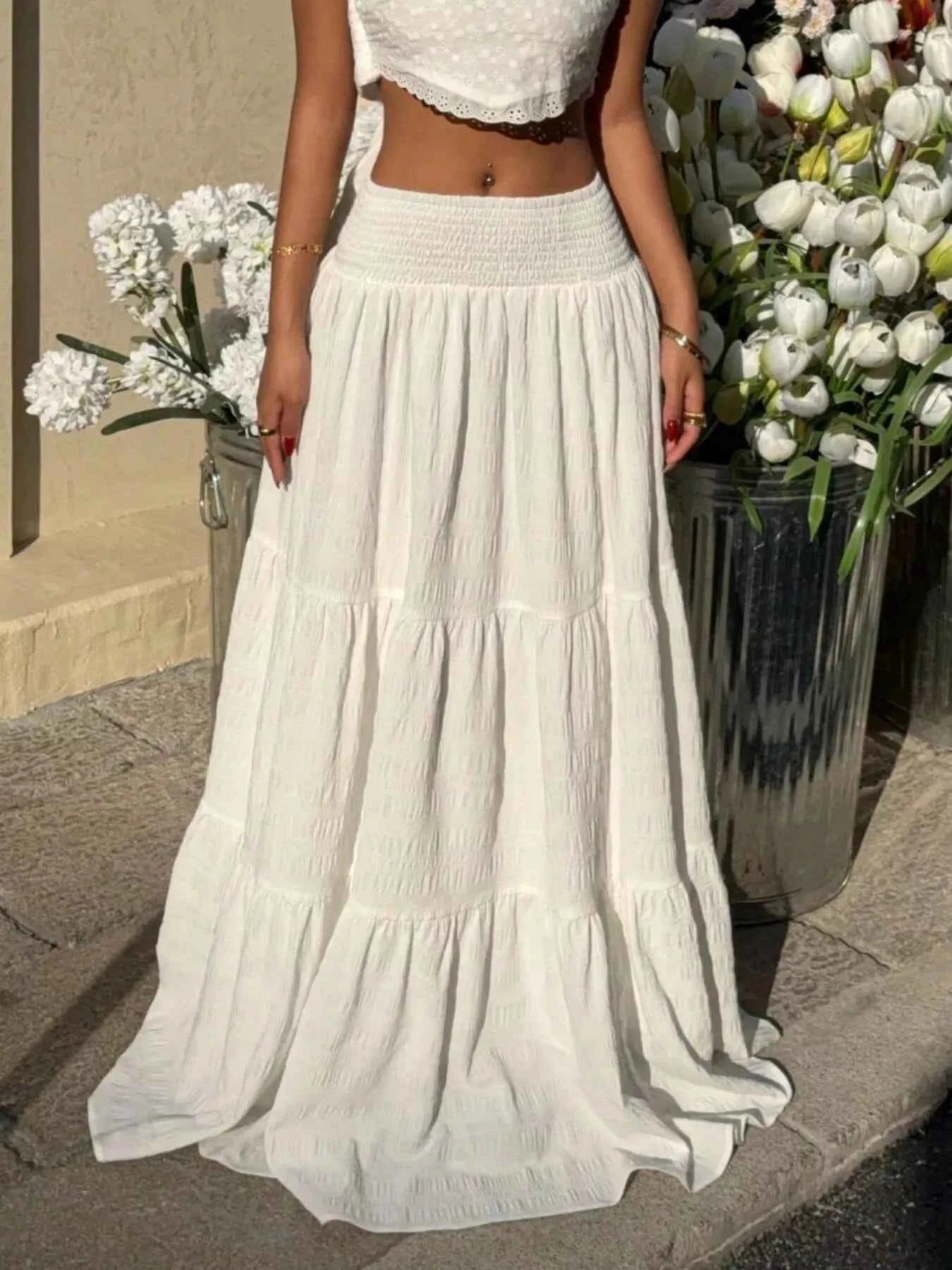 Dame nederdel flæse smocked maxi nederdel