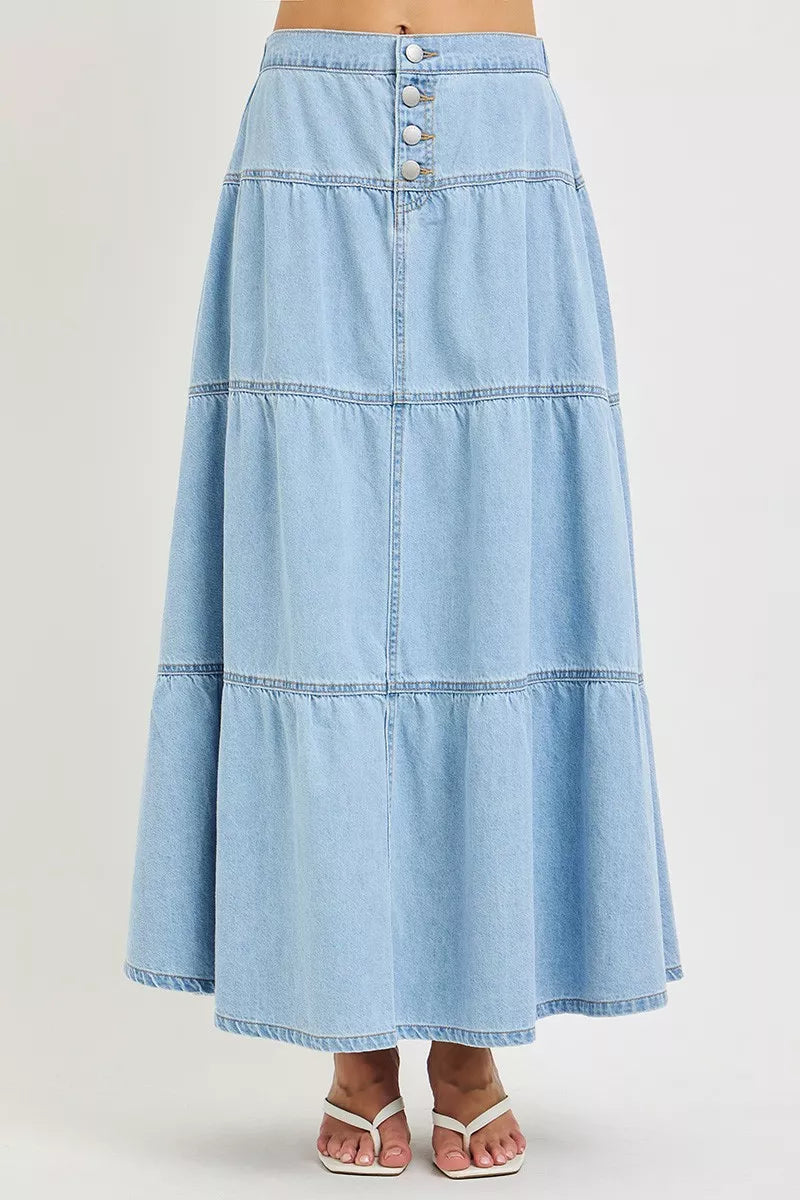 Dame nederdel denim lang fritidsnederdel