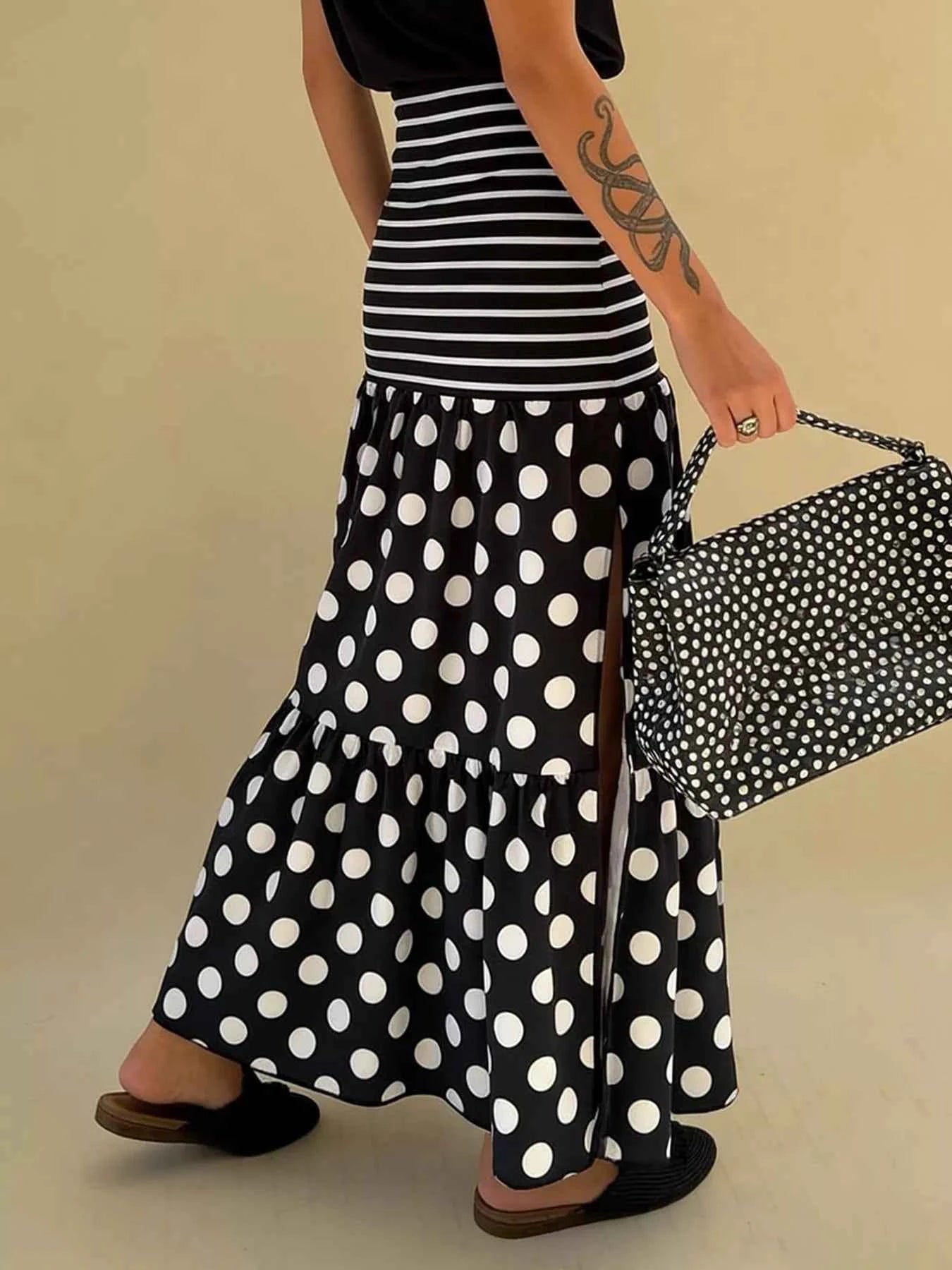 Nederdel Lang Slids Polka Dot Stribet Flæse Maxiskørt
