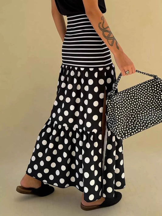 Nederdel Lang Slids Polka Dot Stribet Flæse Maxiskørt