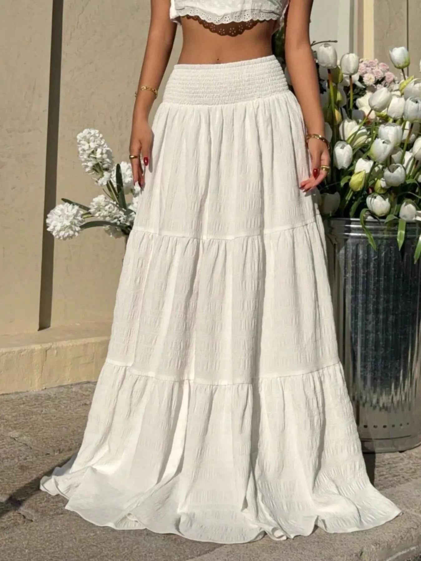 Dame nederdel flæse smocked maxi nederdel