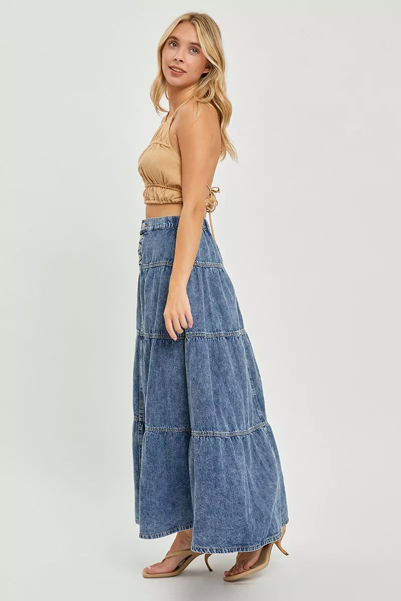 Denim nederdel lang lagdelt nederdel
