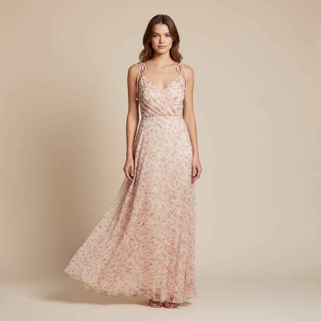 Blomstret Maxi Kjole med Bindestropper