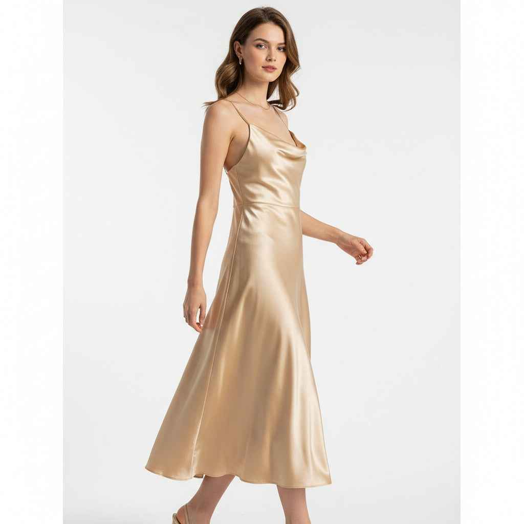 Champagne Satin Midi Kjole