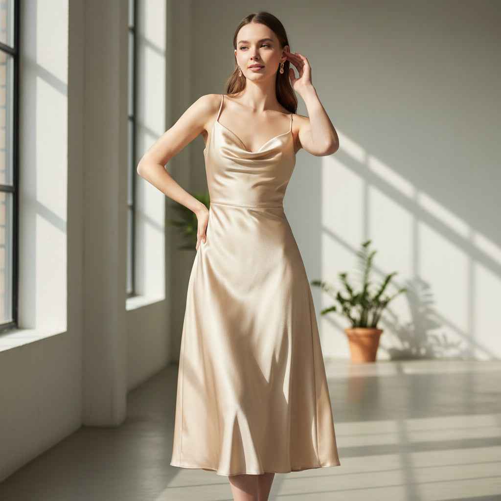 Champagne Satin Midi Kjole
