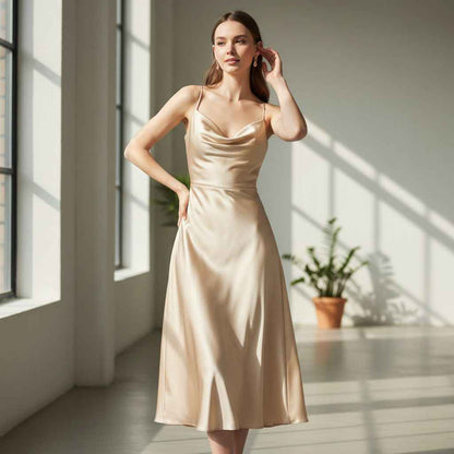 Champagne Satin Midi Kjole