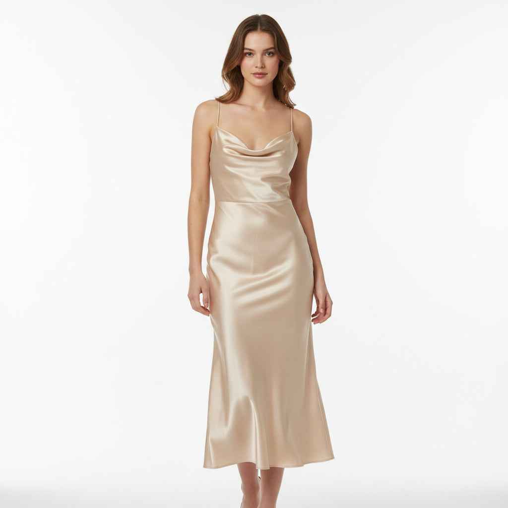 Champagne Satin Midi Kjole