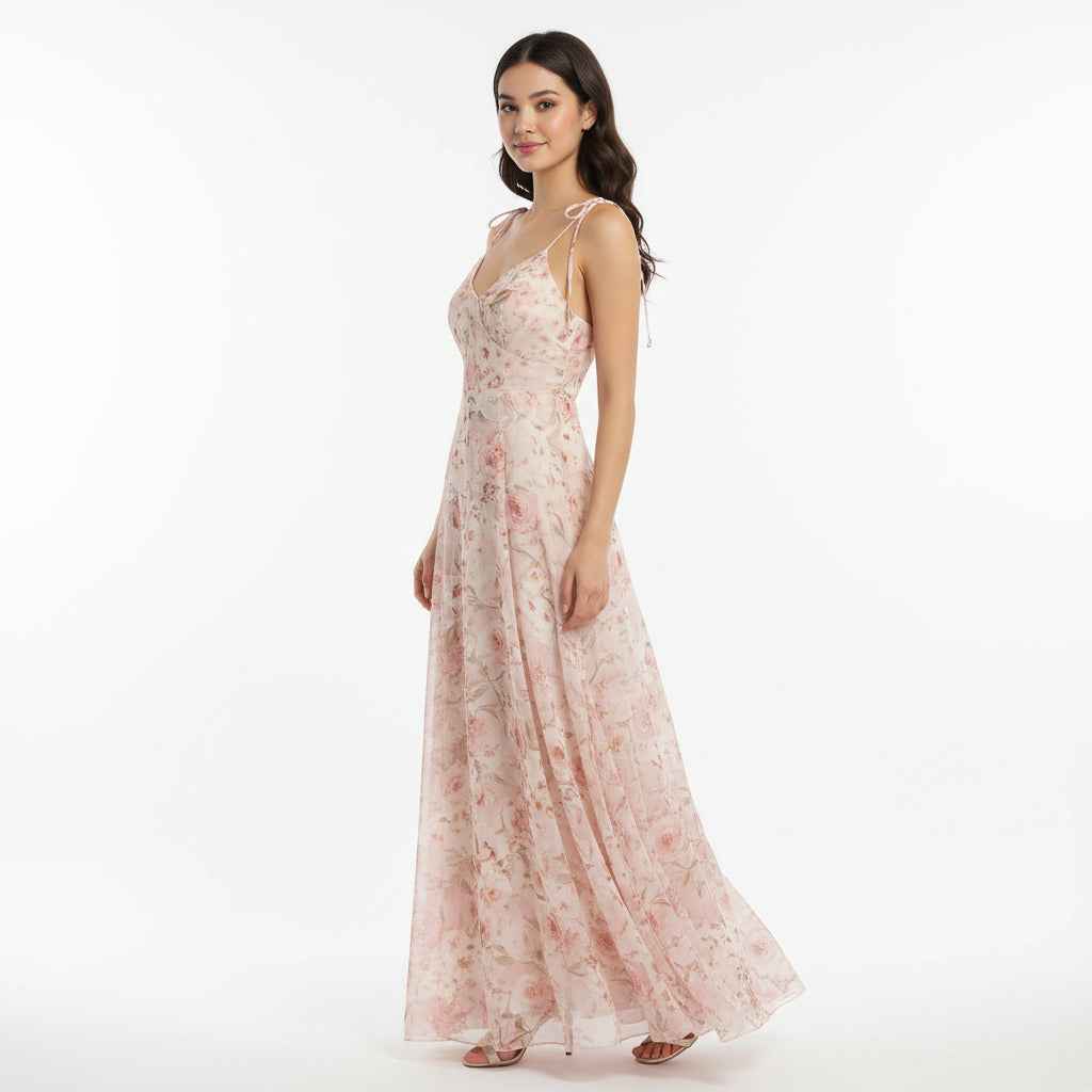 Blomstret Maxi Kjole med Bindestropper