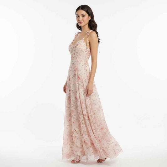 Blomstret Maxi Kjole med Bindestropper