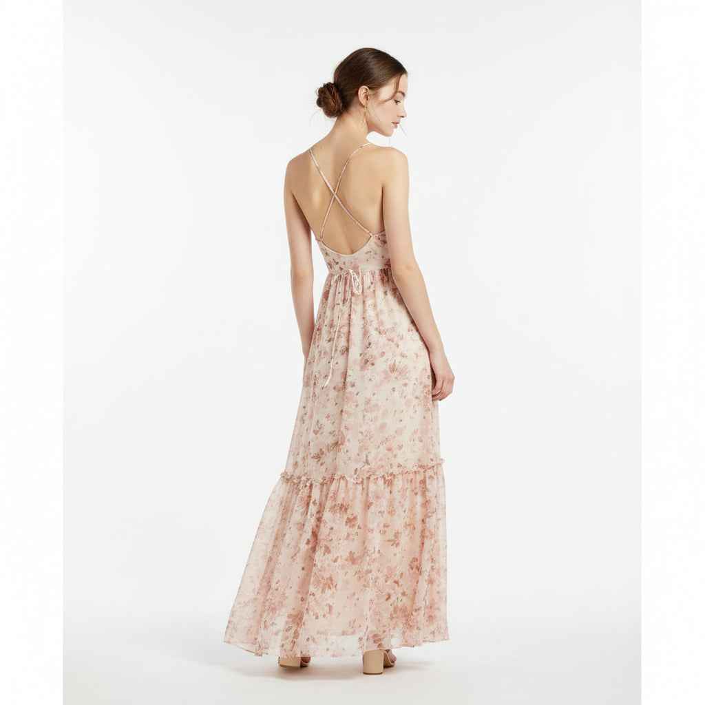 Blomstret Maxi Kjole med Bindestropper