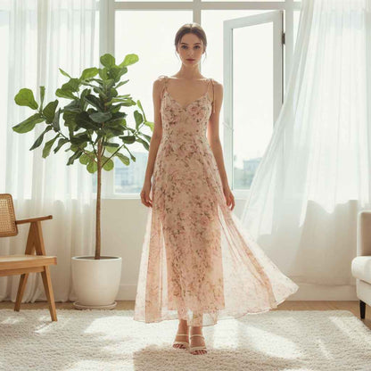 Blomstret Maxi Kjole med Bindestropper